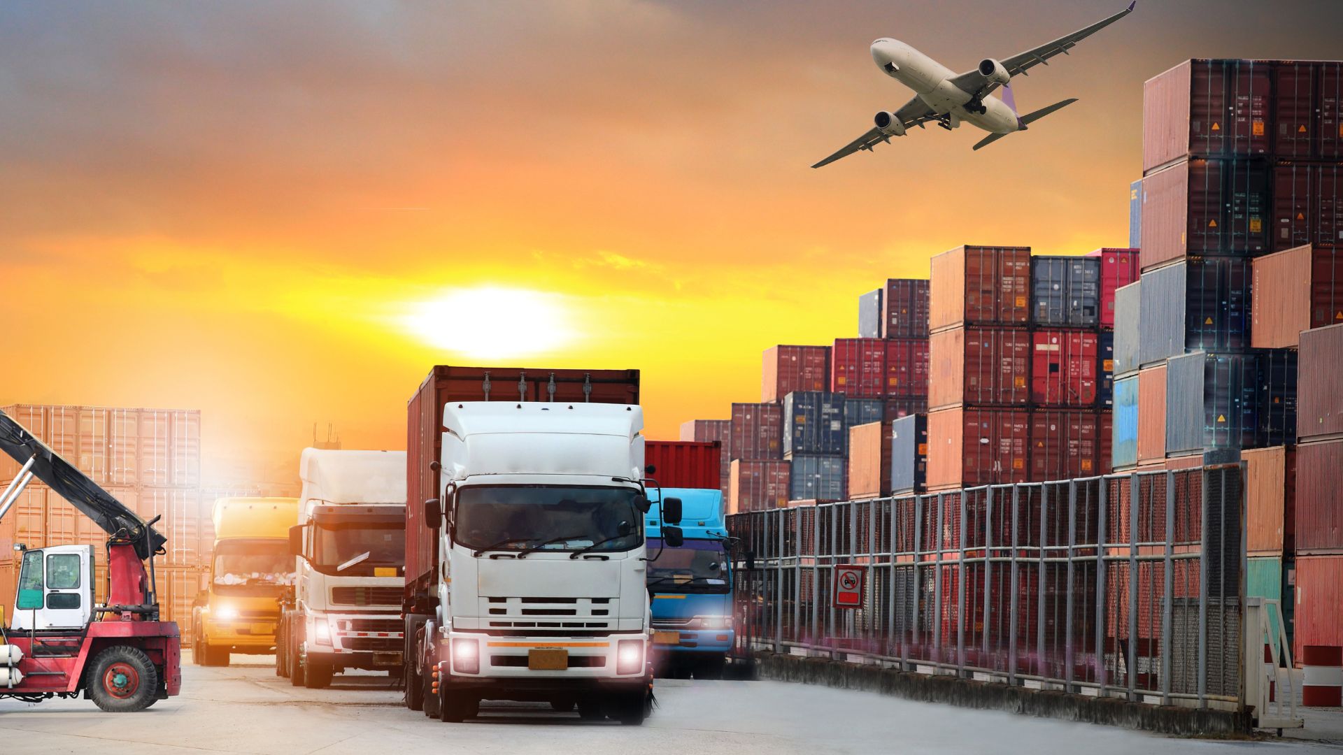Logistics trucks, shipping containers and cargo aircraft